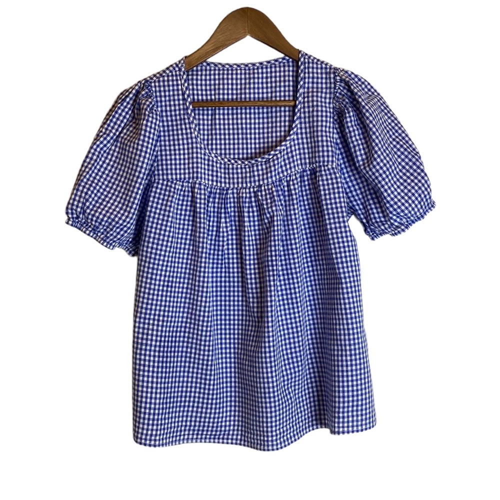 Shein Curve Gingham Blue And White Short Sleeved Shirt